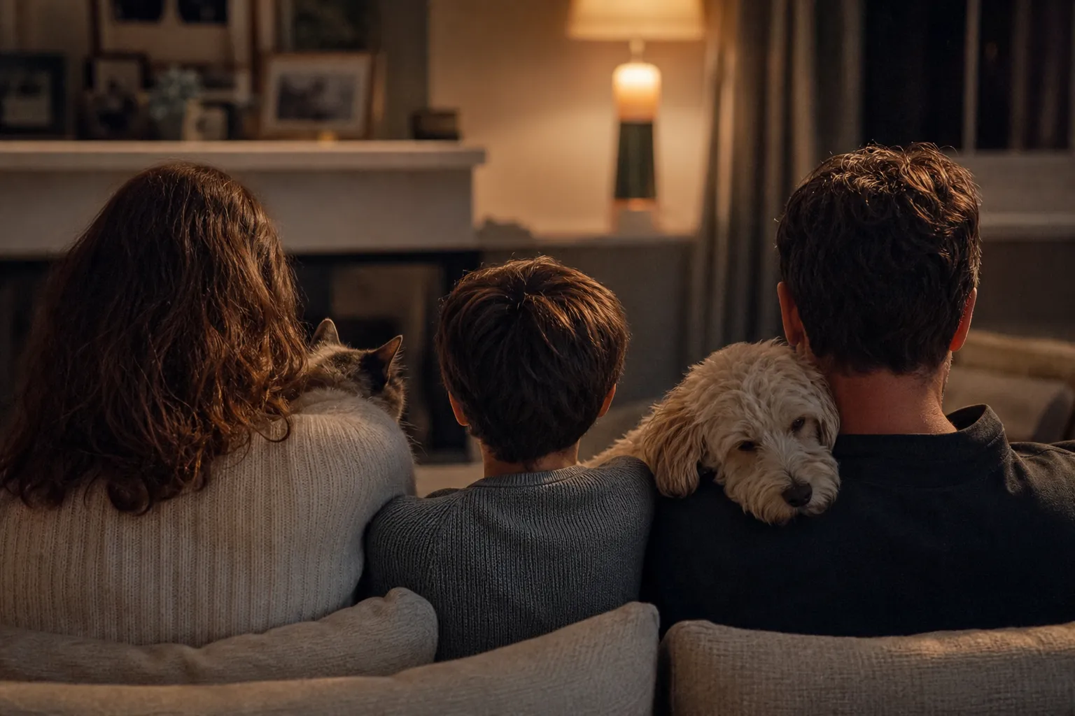 Una familia descansa en casa junto a su perro y su gato