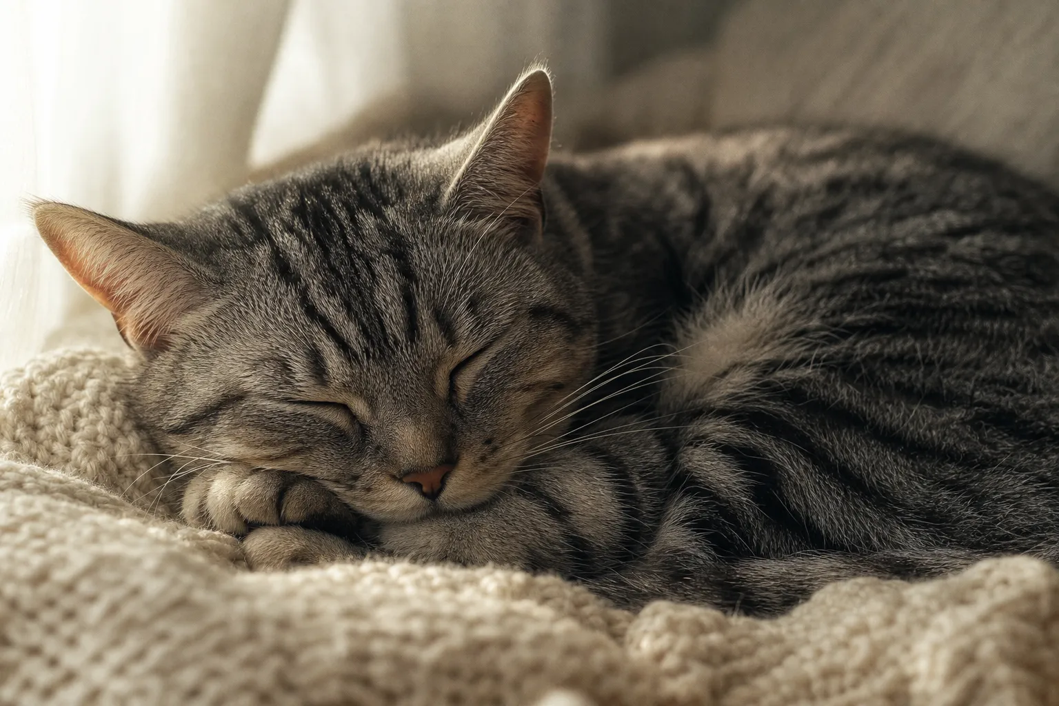 Gato durmiendo en paz sobre una manta
