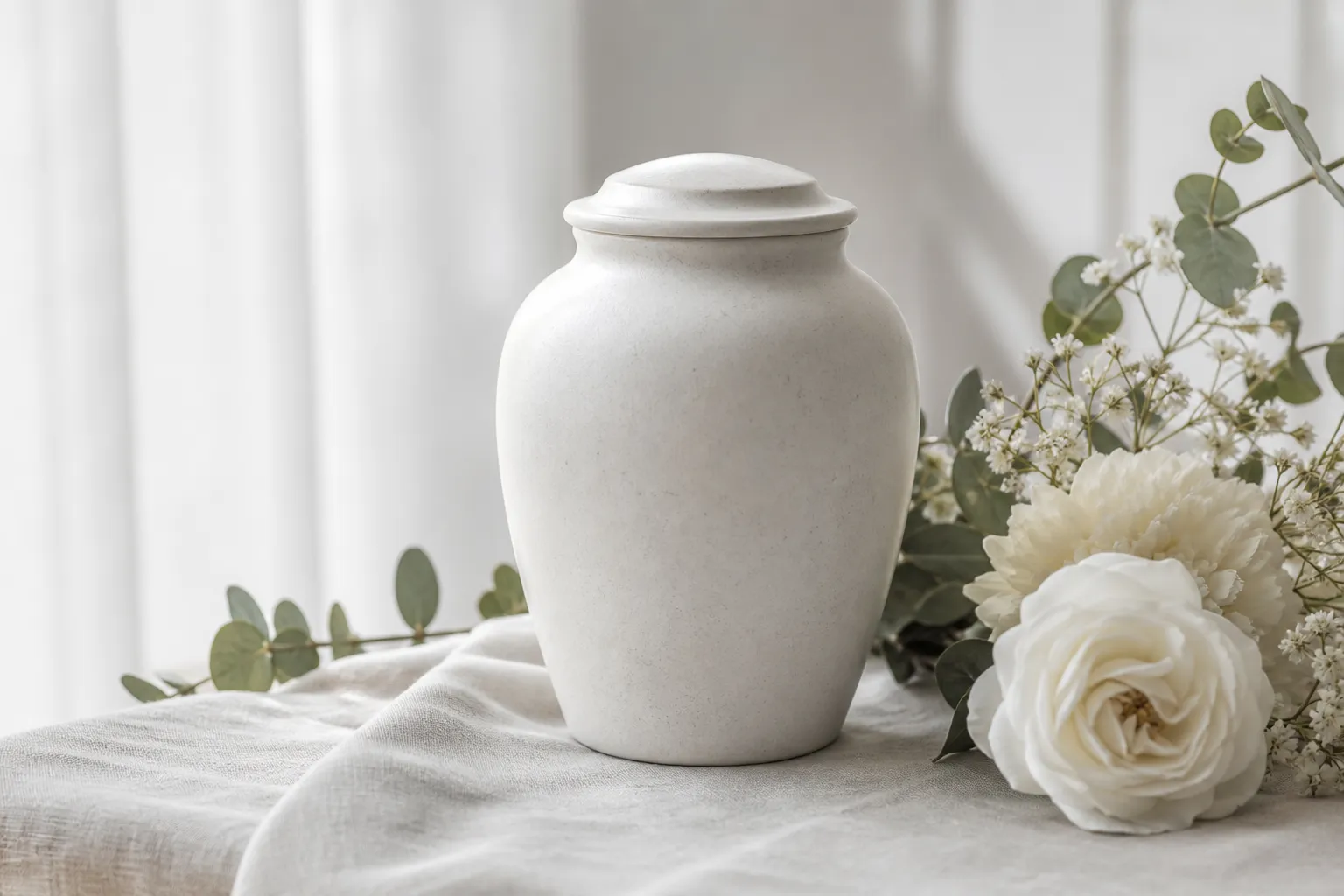 Urna conmemorativa junto a flores blancas