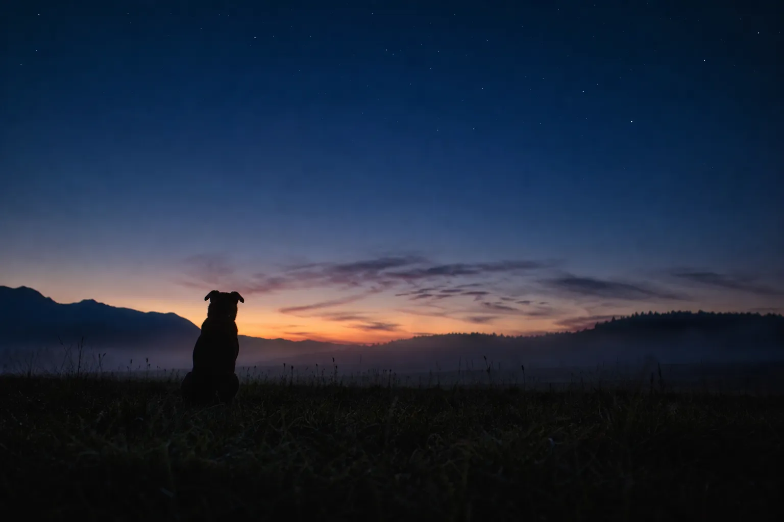 Un perro contempla en calma el horizonte al anochecer