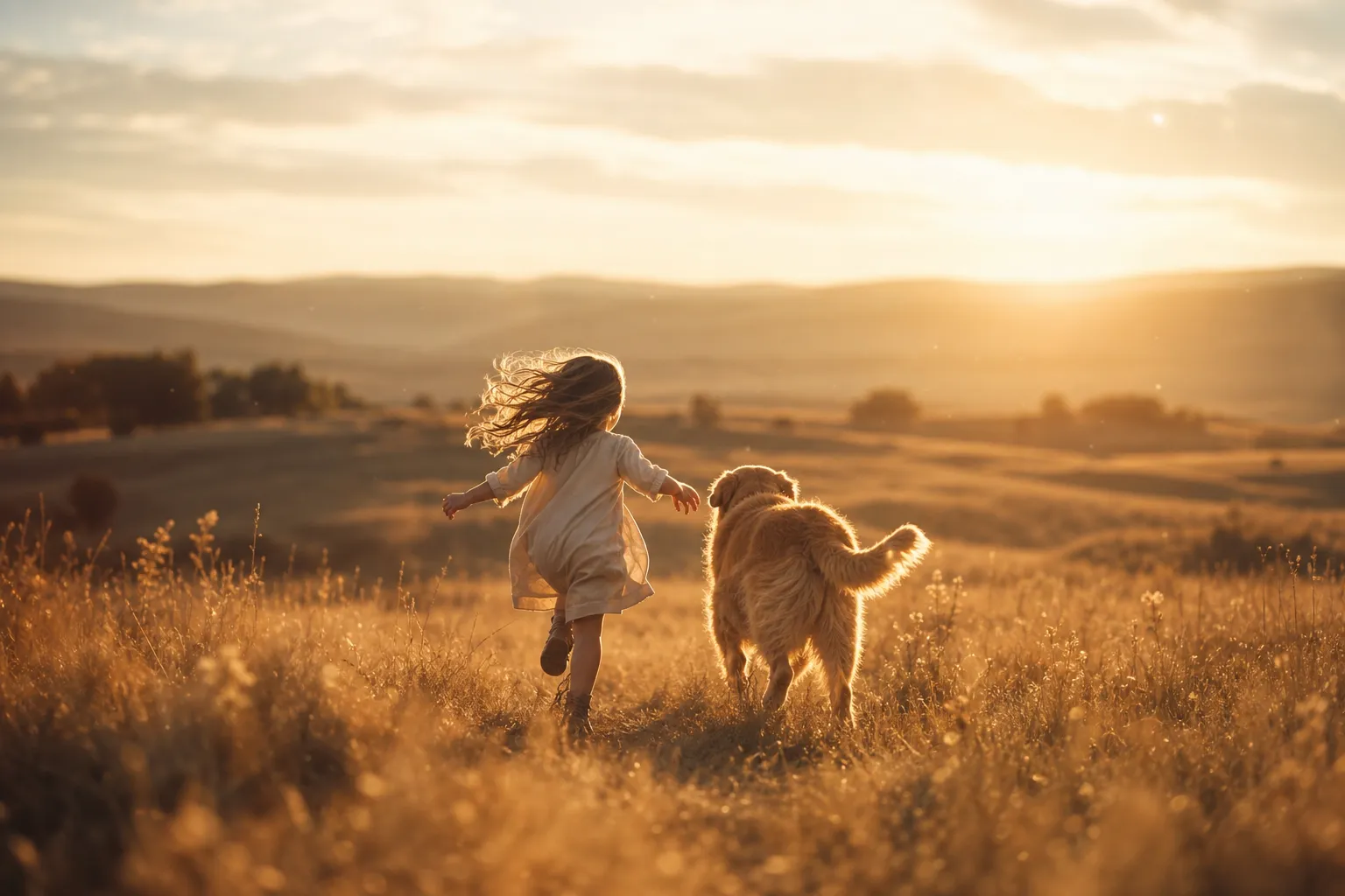 Una niña corre feliz junto a su perro en un campo dorado al atardecer